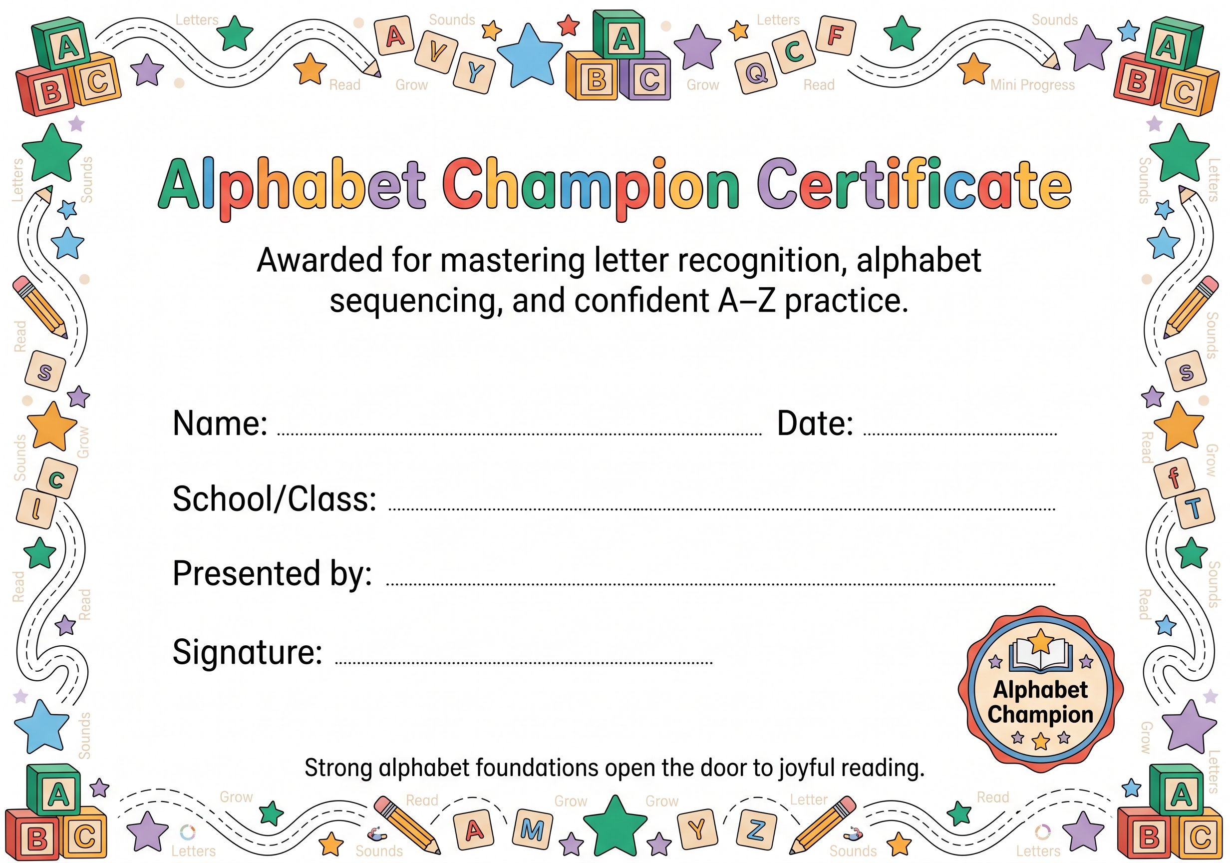 Alphabet Champion Certificate preview