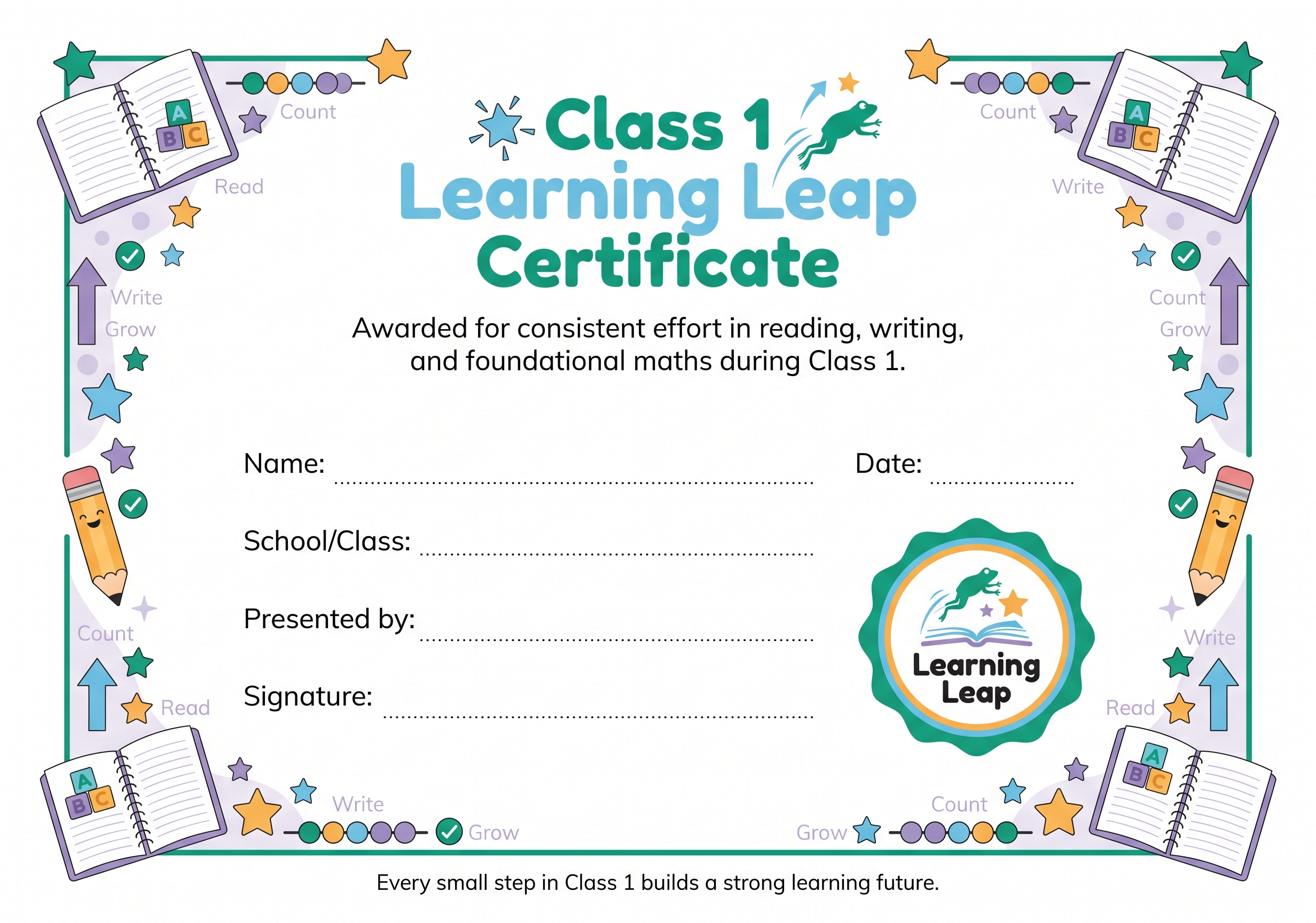 Class 1 Learning Leap Certificate preview