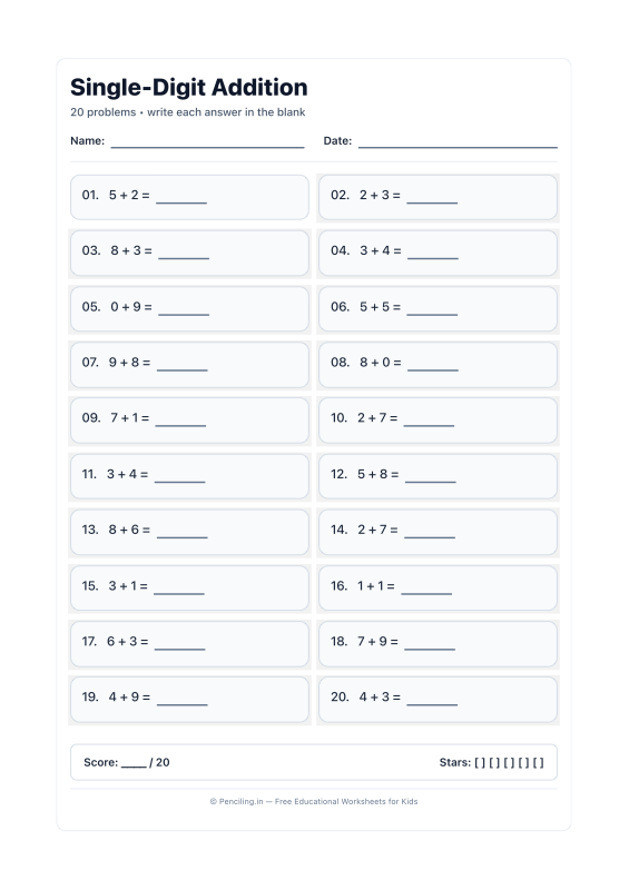 Single Digit Addition Worksheet 01 worksheet preview