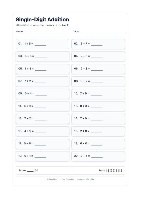 Single Digit Addition Worksheet 02 worksheet preview