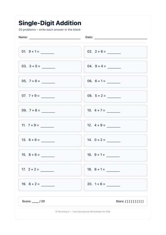 Single Digit Addition Worksheet 05 worksheet preview