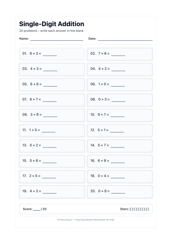 Single Digit Addition Worksheet 08 worksheet preview