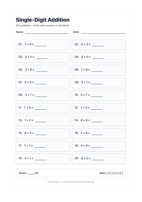 Single Digit Addition Worksheet 10 worksheet preview