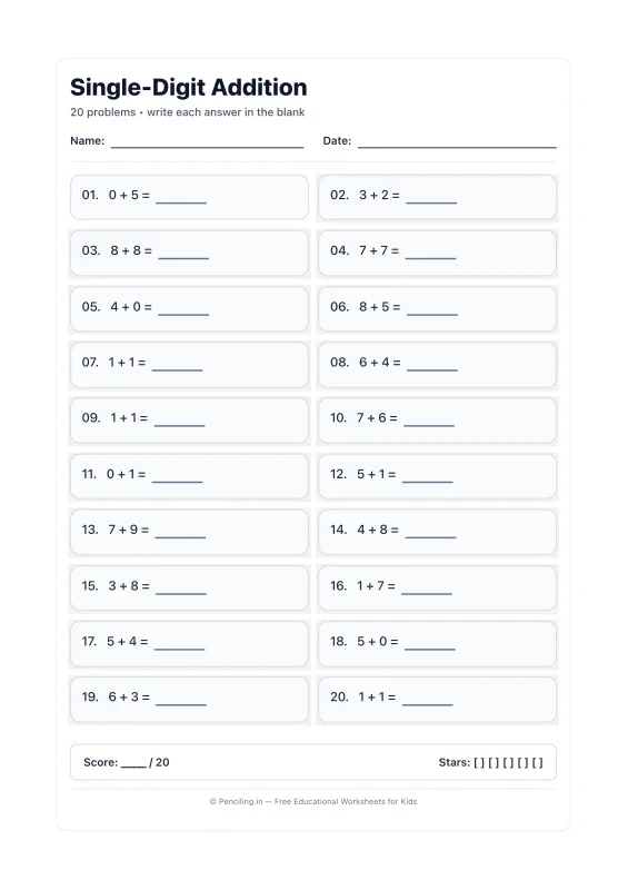 Single Digit Addition Worksheet 11 worksheet preview