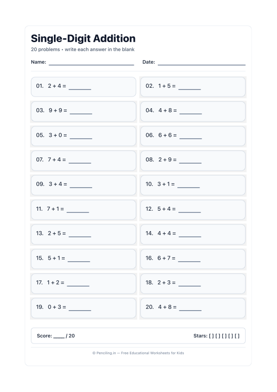 Single Digit Addition Worksheet 13 worksheet preview