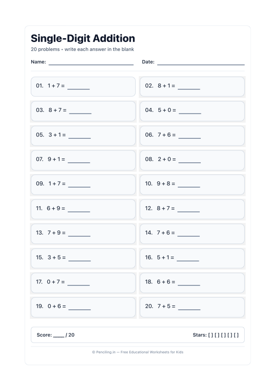 Single Digit Addition Worksheet 16 worksheet preview