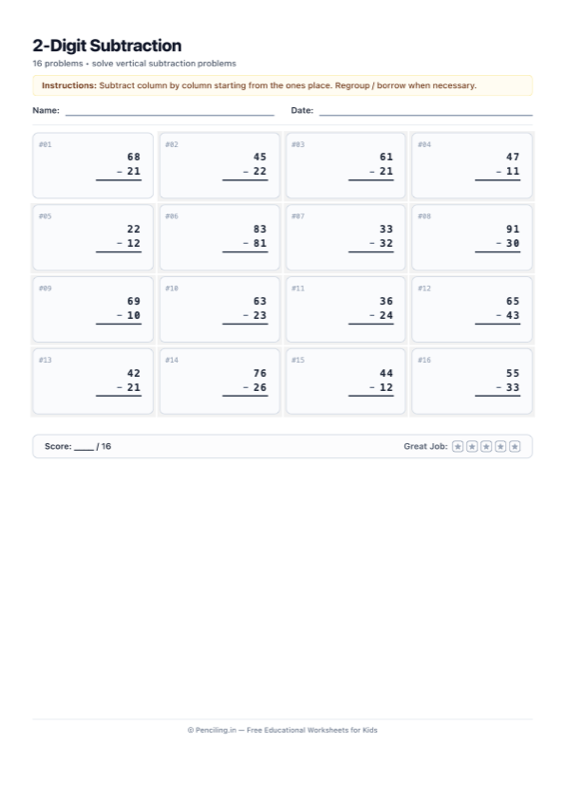 Double Digit Subtraction Worksheet 01 worksheet preview