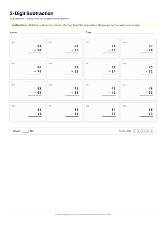 Double Digit Subtraction Worksheet 02 worksheet preview