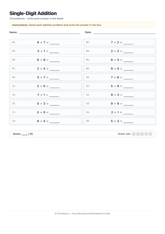 Single Digit Addition Worksheet 02 worksheet preview