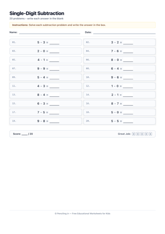 Single Digit Subtraction Worksheet 01 worksheet preview