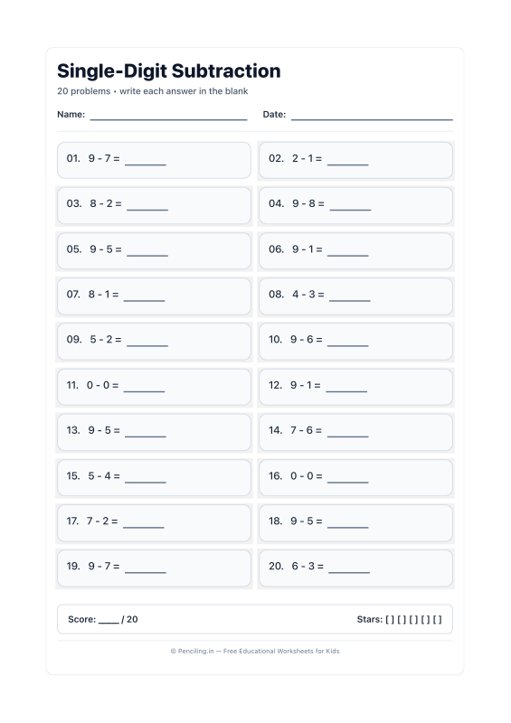 Single Digit Subtraction Worksheet 01 worksheet preview