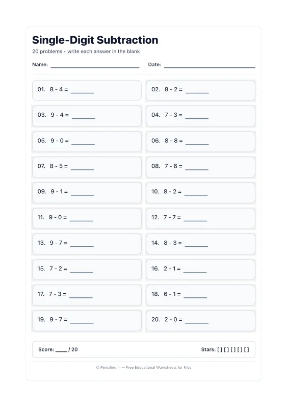 Single Digit Subtraction Worksheet 02 worksheet preview