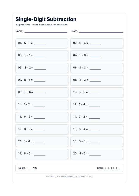 Single Digit Subtraction Worksheet 07 worksheet preview