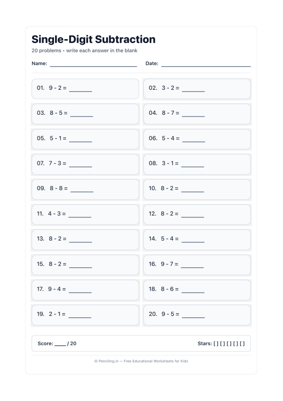 Single Digit Subtraction Worksheet 08 worksheet preview