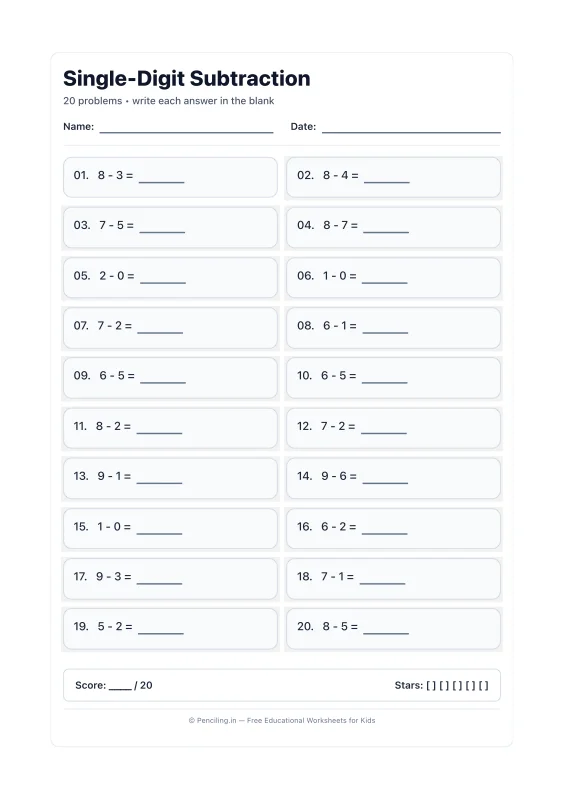 Single Digit Subtraction Worksheet 11 worksheet preview