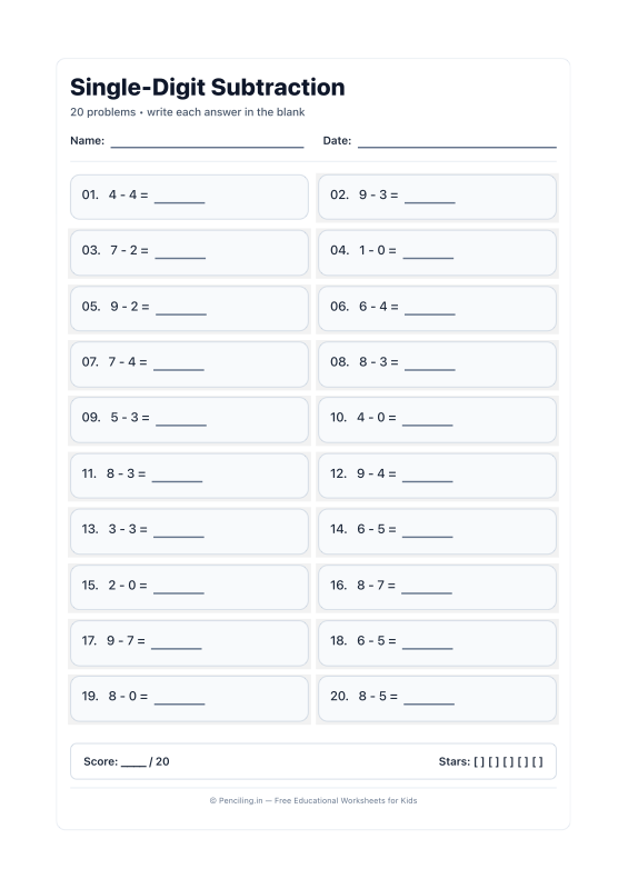 Single Digit Subtraction Worksheet 14 worksheet preview