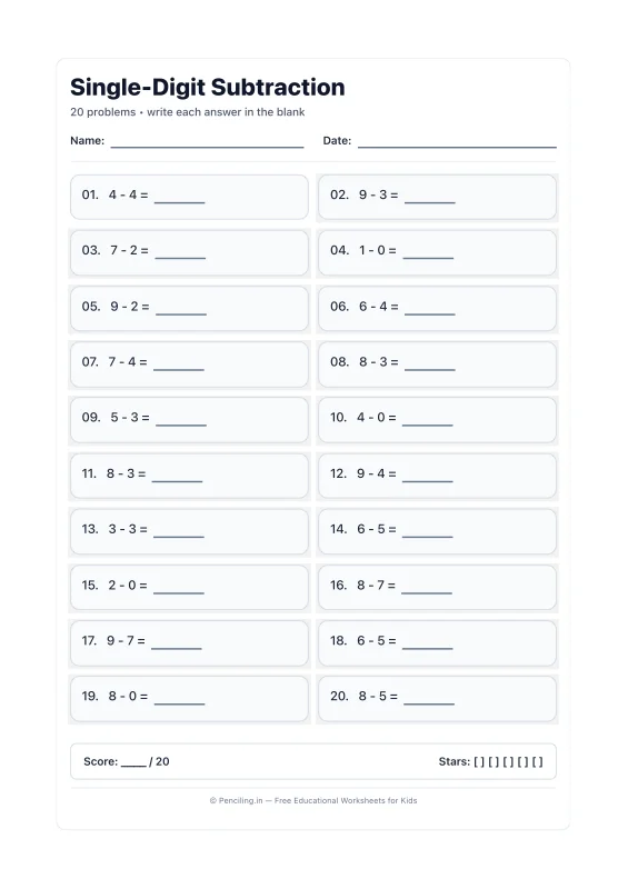 Single Digit Subtraction Worksheet 14 worksheet preview