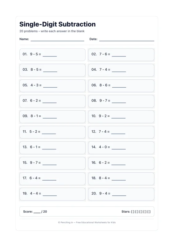 Single Digit Subtraction Worksheet 15 worksheet preview