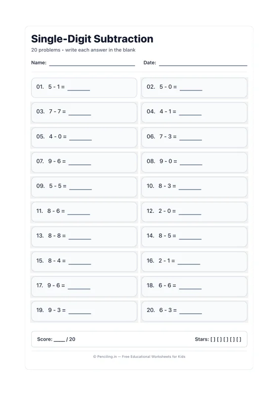 Single Digit Subtraction Worksheet 21 worksheet preview