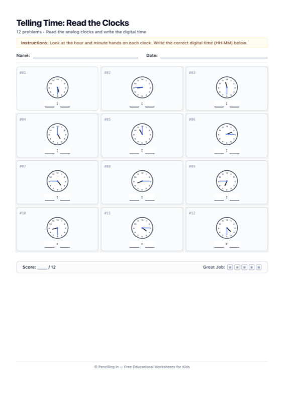 Telling Time Worksheet 02 worksheet preview